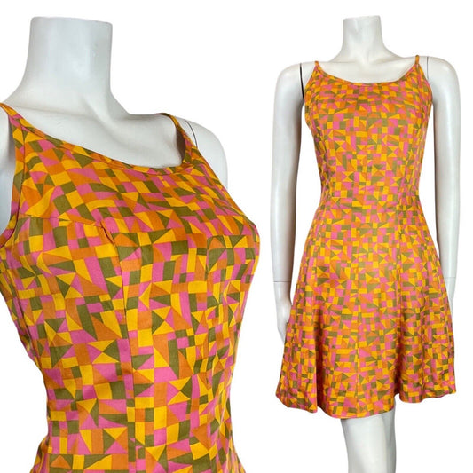 VINTAGE 60s 70s ORANGE PINK GREEN GEOMETRIC STRAPPY SWING SUN-DRESS 8
