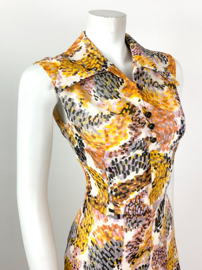 VINTAGE 60s 70s WHITE BROWN ORANGE YELLOW PSYCHEDELIC WING COLLAR DRESS 10
