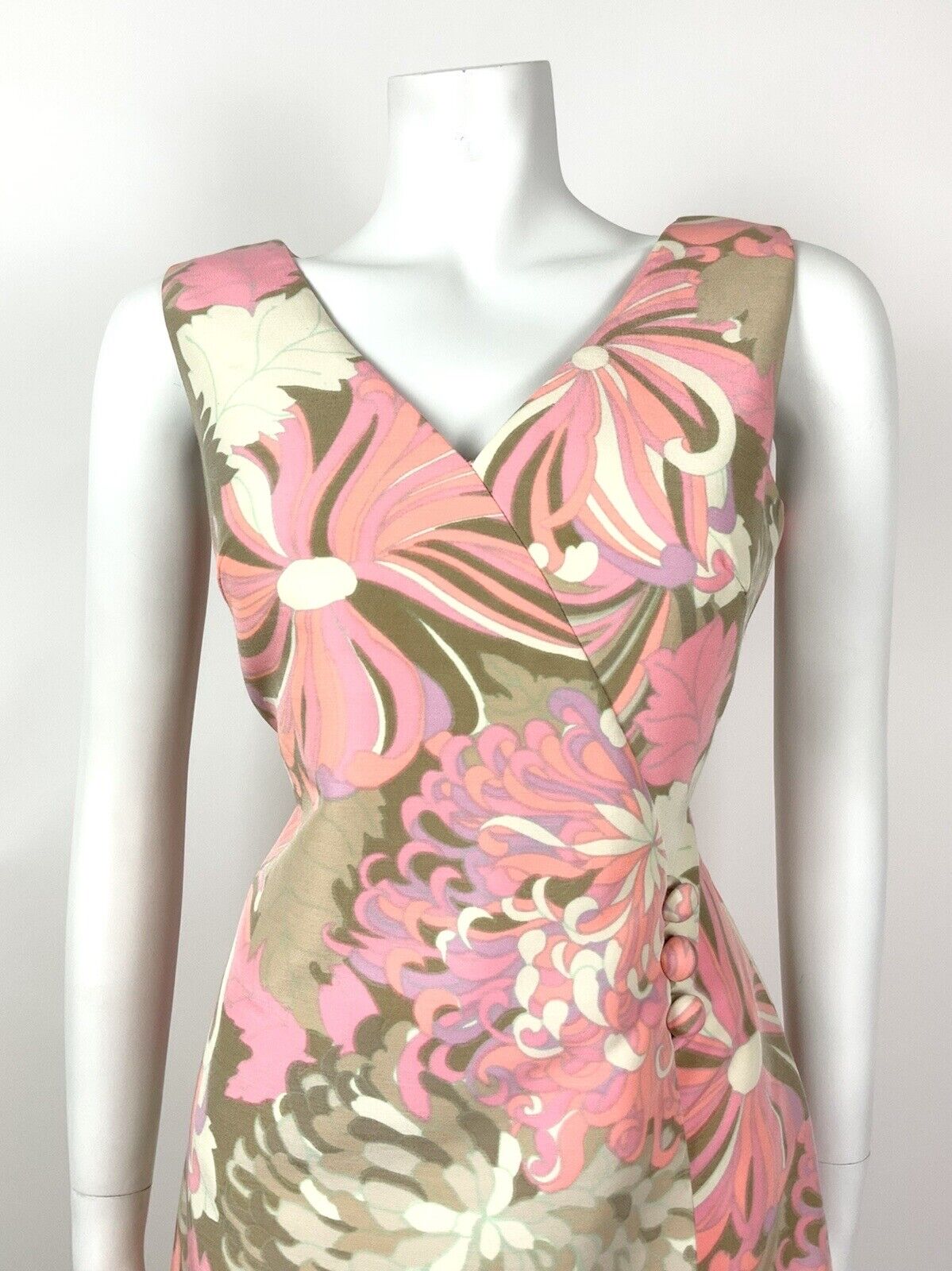 VINTAGE 60s 70s NEON PINK PURPLE BEIGE BROWN PSYCHEDELIC FLORAL WRAP DRESS 12