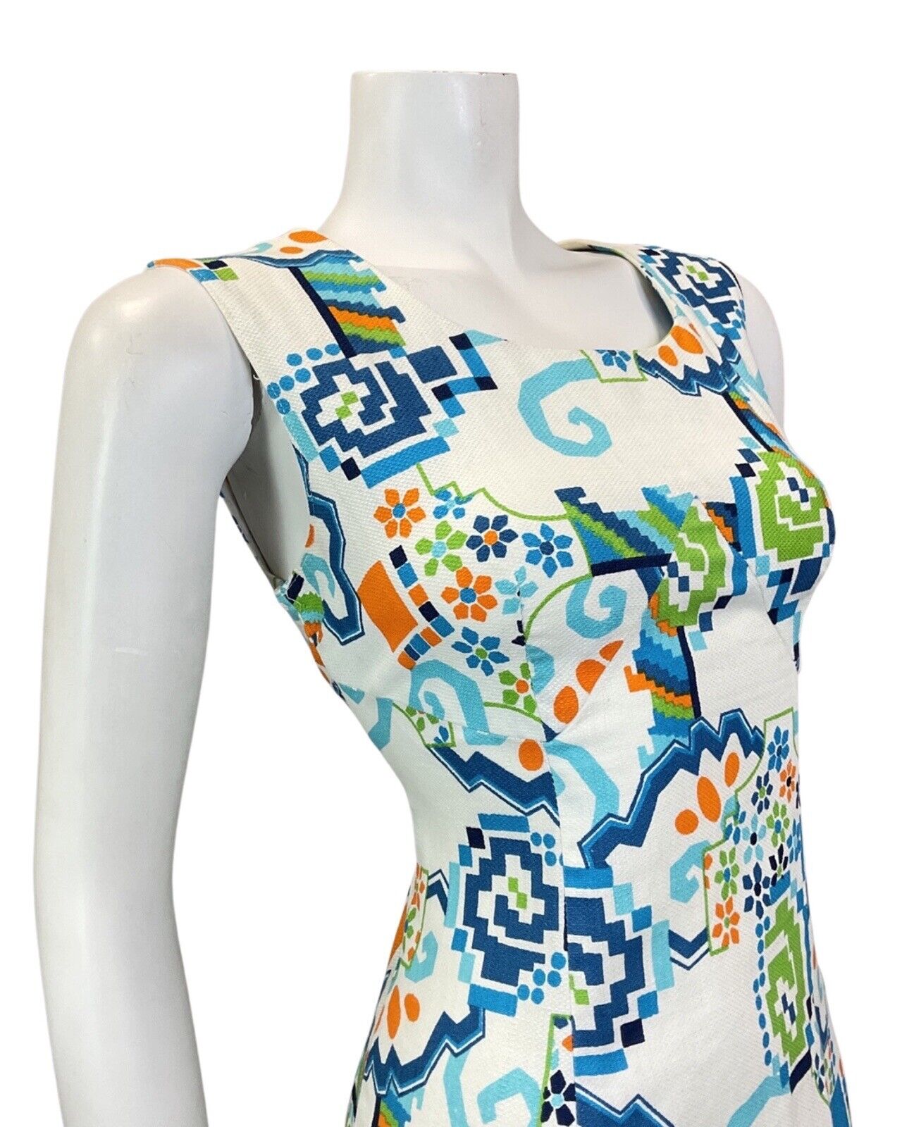 VINTAGE 60s 70s WHITE BLUE ORANGE GEOMETRIC FLORAL MOD SUMMER SUN DRESS 8 10
