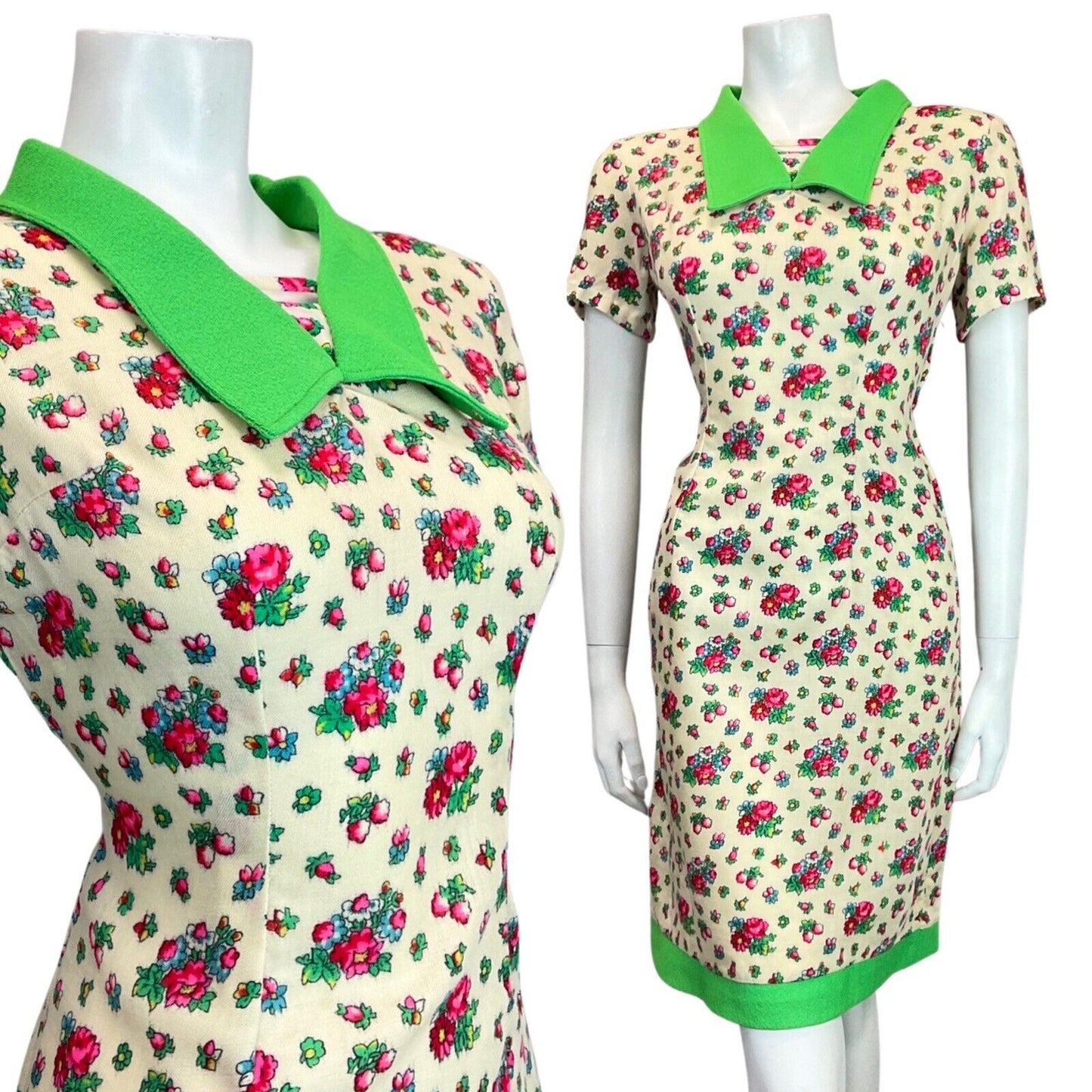VTG 60s 70s CREAM GREEN RED PINK FLOWER DITSY CHELSEA COLLAR WIGGLE DRESS 12 14