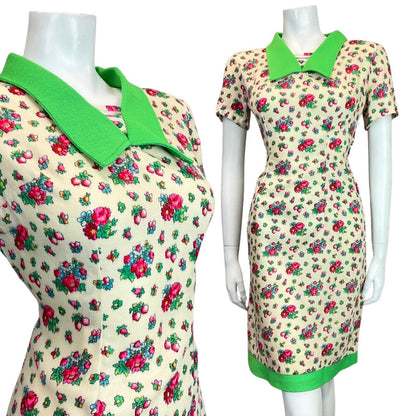 VTG 60s 70s CREAM GREEN RED PINK FLOWER DITSY CHELSEA COLLAR WIGGLE DRESS 12 14
