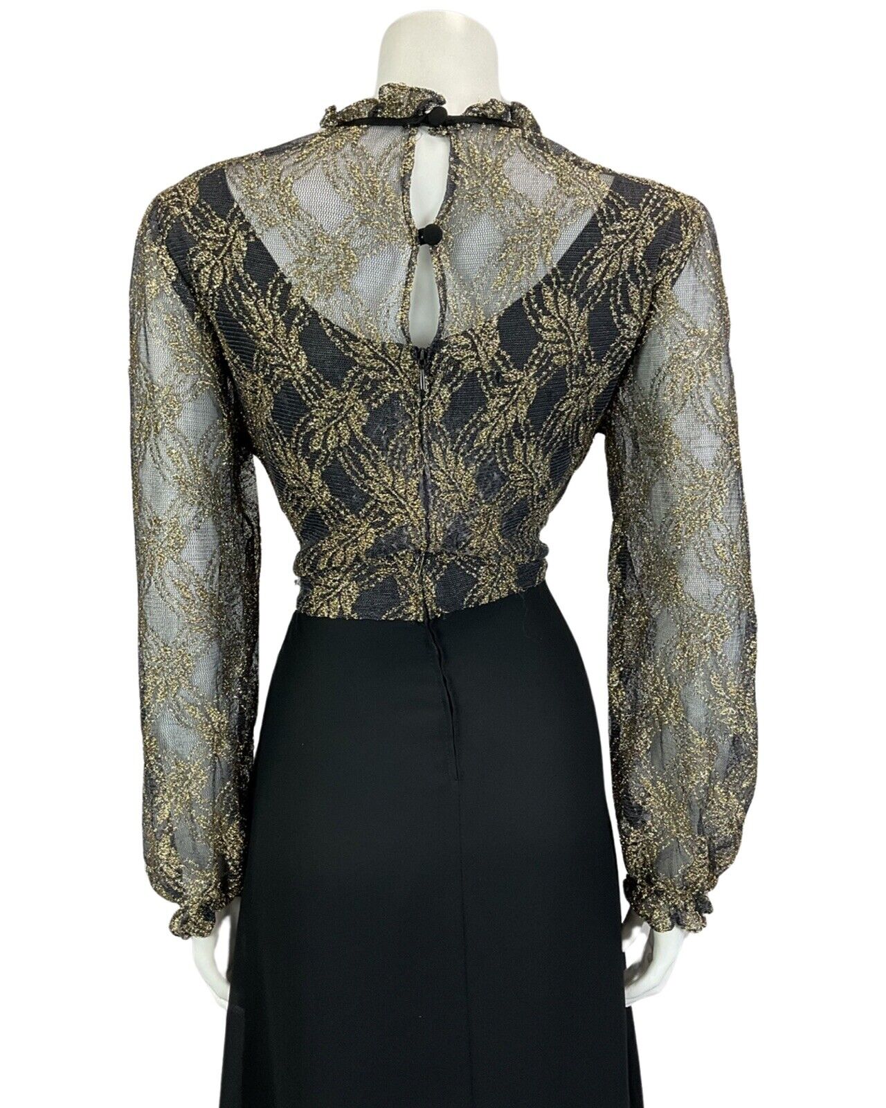 VTG 60s 70s BLACK GOLD LACE DISCO MOD MINI PARTY CHRISTMAS EVENING DRESS 16 18