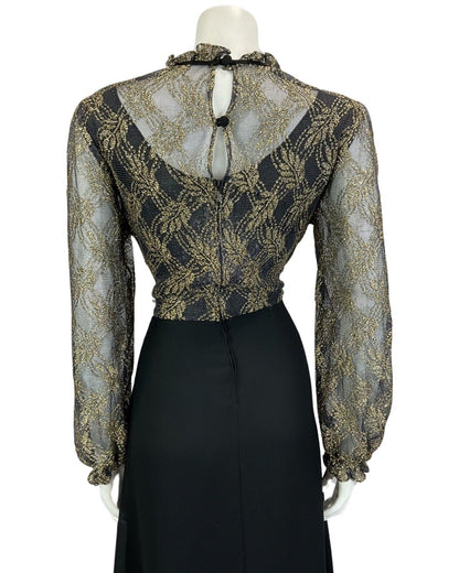 VTG 60s 70s BLACK GOLD LACE DISCO MOD MINI PARTY CHRISTMAS EVENING DRESS 16 18