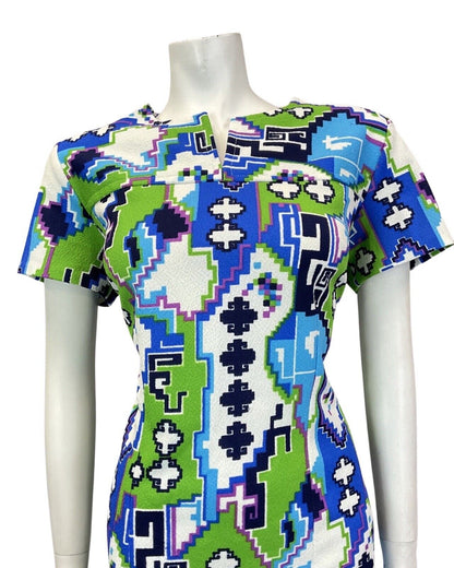 VINTAGE 60s 70s BLUE GREEN WHITE GEOMETRIC PSYCHEDELIC PIXEL MOD DRESS 14 16