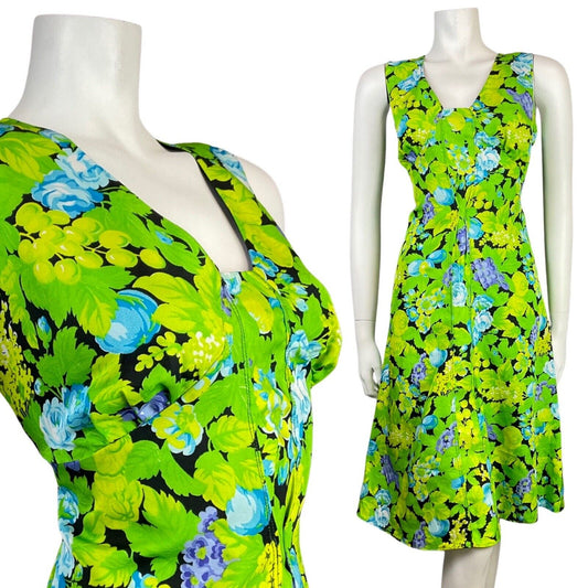 VINTAGE 60s 70s GREEN BLACK BLUE FLORAL GRAPES SLEEVELESS SUMMER DRESS 10 12
