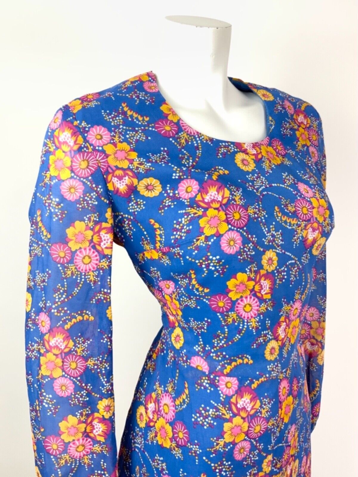 VINTAGE 60s 70s BRIGHT BLUE YELLOW PINK FLORAL DOTTY SHEER DRESS 12