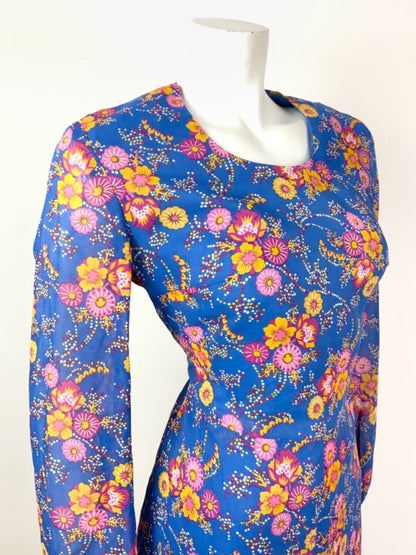 VINTAGE 60s 70s BRIGHT BLUE YELLOW PINK FLORAL DOTTY SHEER DRESS 12