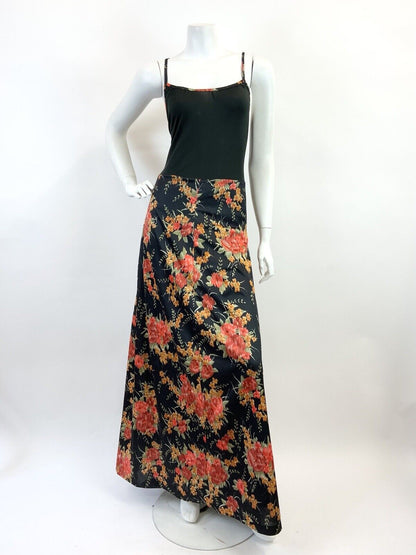 VINTAGE 60s 70s BLACK RED GREEN FLORAL SPAGHETTI STRAP SUMMER MAXI DRESS 10