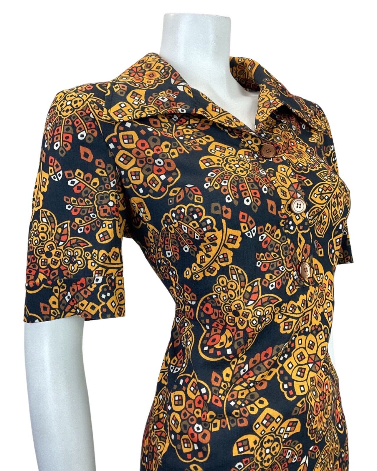 VINTAGE 60s 70s BLACK YELLOW ORANGE PSYCHEDELIC GEOMETRIC FLORAL SHIRT DRESS 16