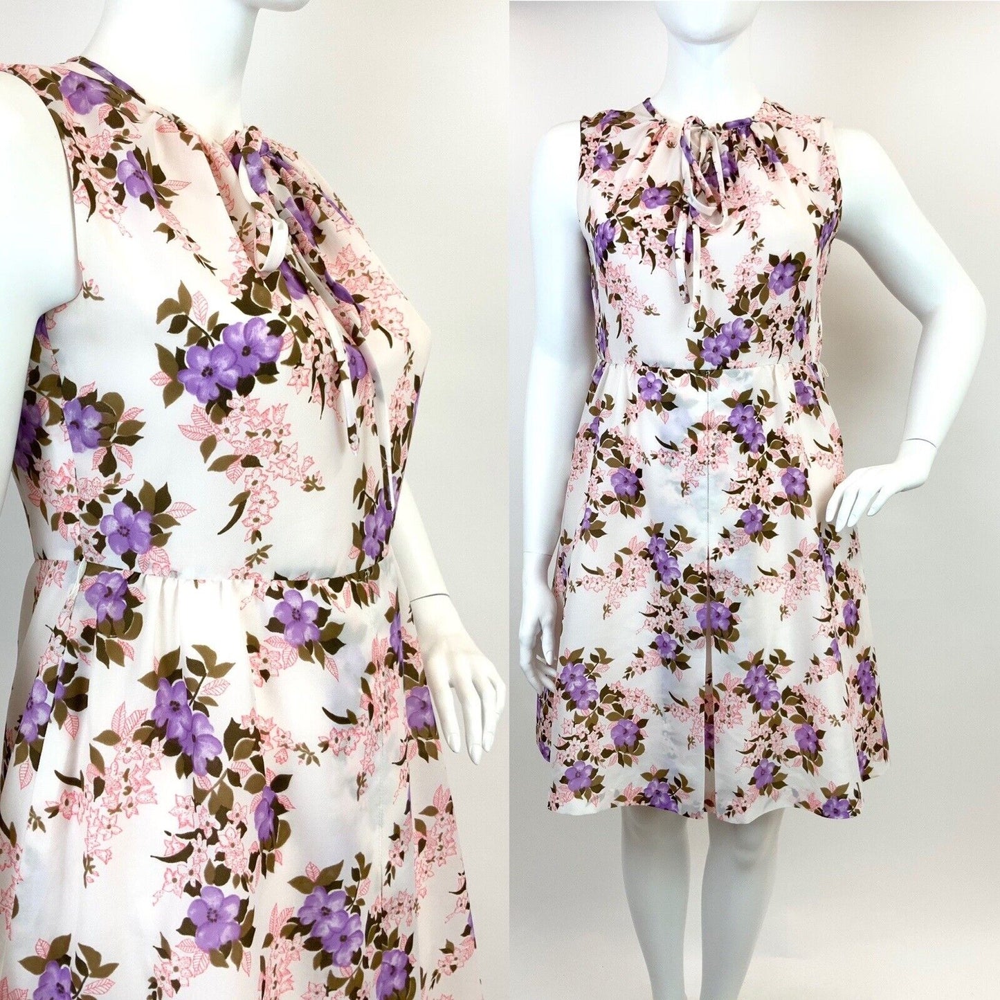 VINTAGE 60s 70s WHITE PURPLE PINK BROWN FLORAL FLOATY SLEEVELESS DRESS 16 18