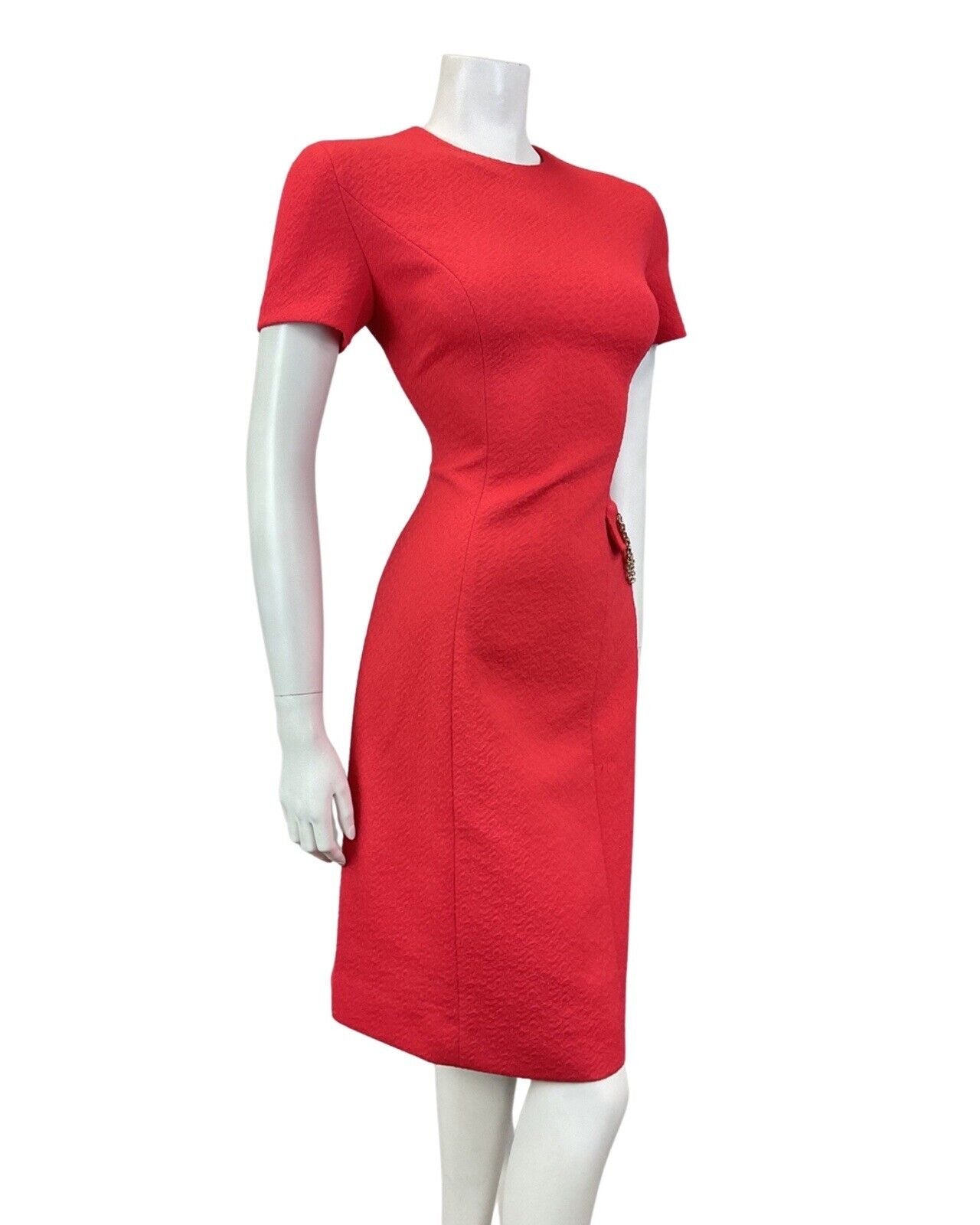 VINTAGE 60s 70s PILLARBOX RED SILVER CHAIN SHORT SLEEVE FITTED MOD DRESS 10