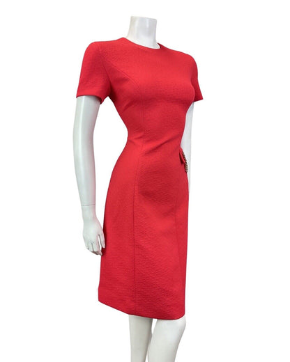 VINTAGE 60s 70s PILLARBOX RED SILVER CHAIN SHORT SLEEVE FITTED MOD DRESS 10