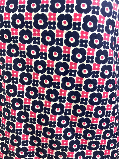 VTG 60s 70s WHITE BLUE PINK MOD FLOWER DAISY BOW SHIRT BOW TIE NECK DRESS 12 14