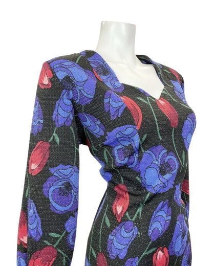 VINTAGE 60s 70s BLACK BLUE RED FLORAL ROSE TULIP LUREX PARTY GLAM DRESS 16 18
