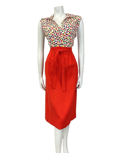 VINTAGE 60s 70s RED WHITE BLACK SPOTTED DOTTY WING COLLAR SHIRT DRESS 14 16