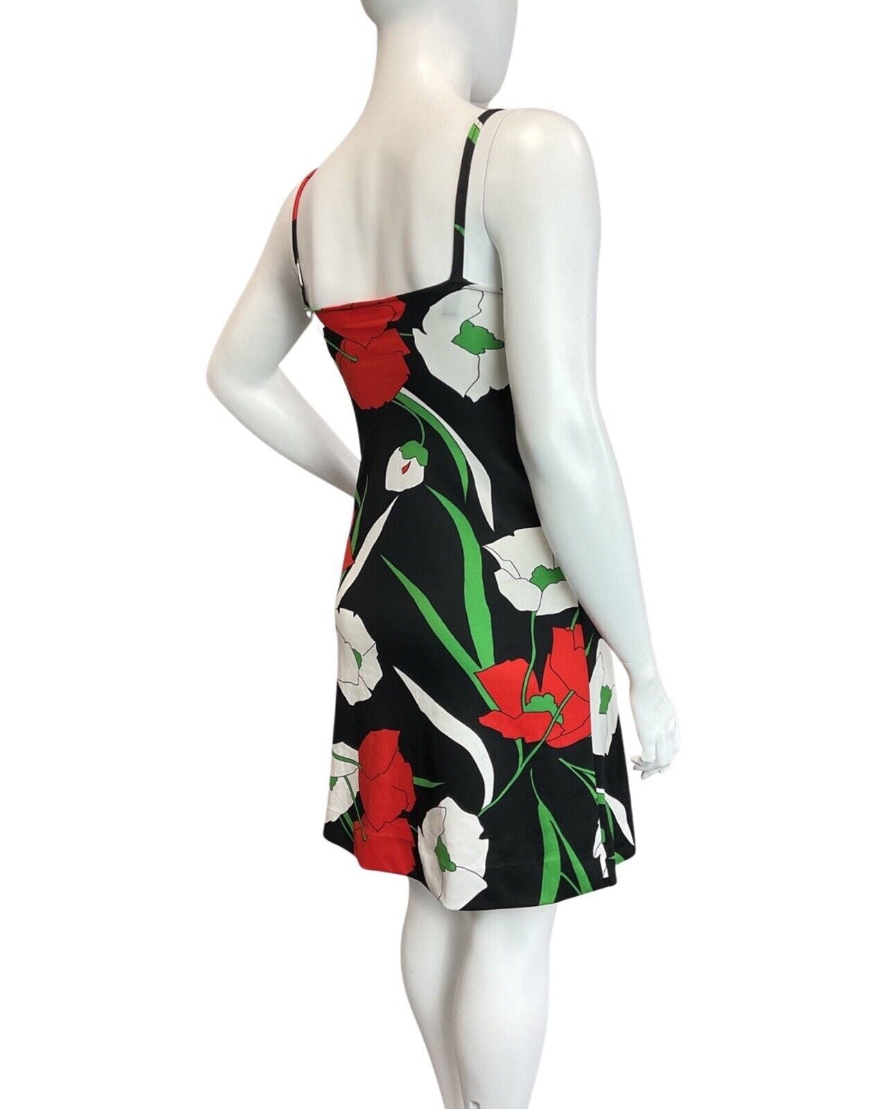 VINTAGE 60s 70s BLACK RED GREEN POPPY FLOWER STRAPPY SUN-DRESS 14