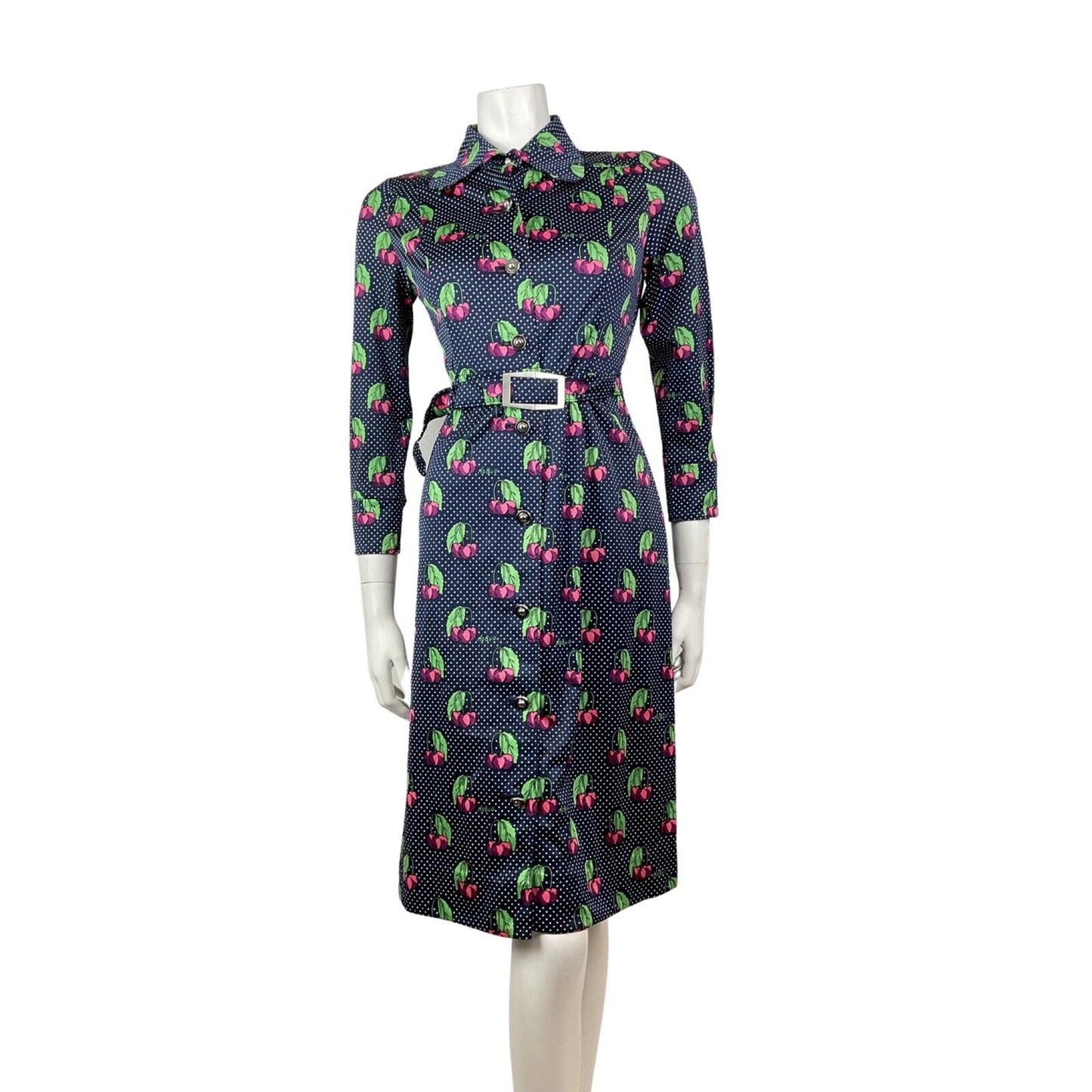 VINTAGE 70s STYLE 90s BLUE WHITE PINK POLKA-DOT CHERRY DAGGER SHIRT DRESS 8 10