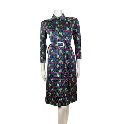 VINTAGE 70s STYLE 90s BLUE WHITE PINK POLKA-DOT CHERRY DAGGER SHIRT DRESS 8 10