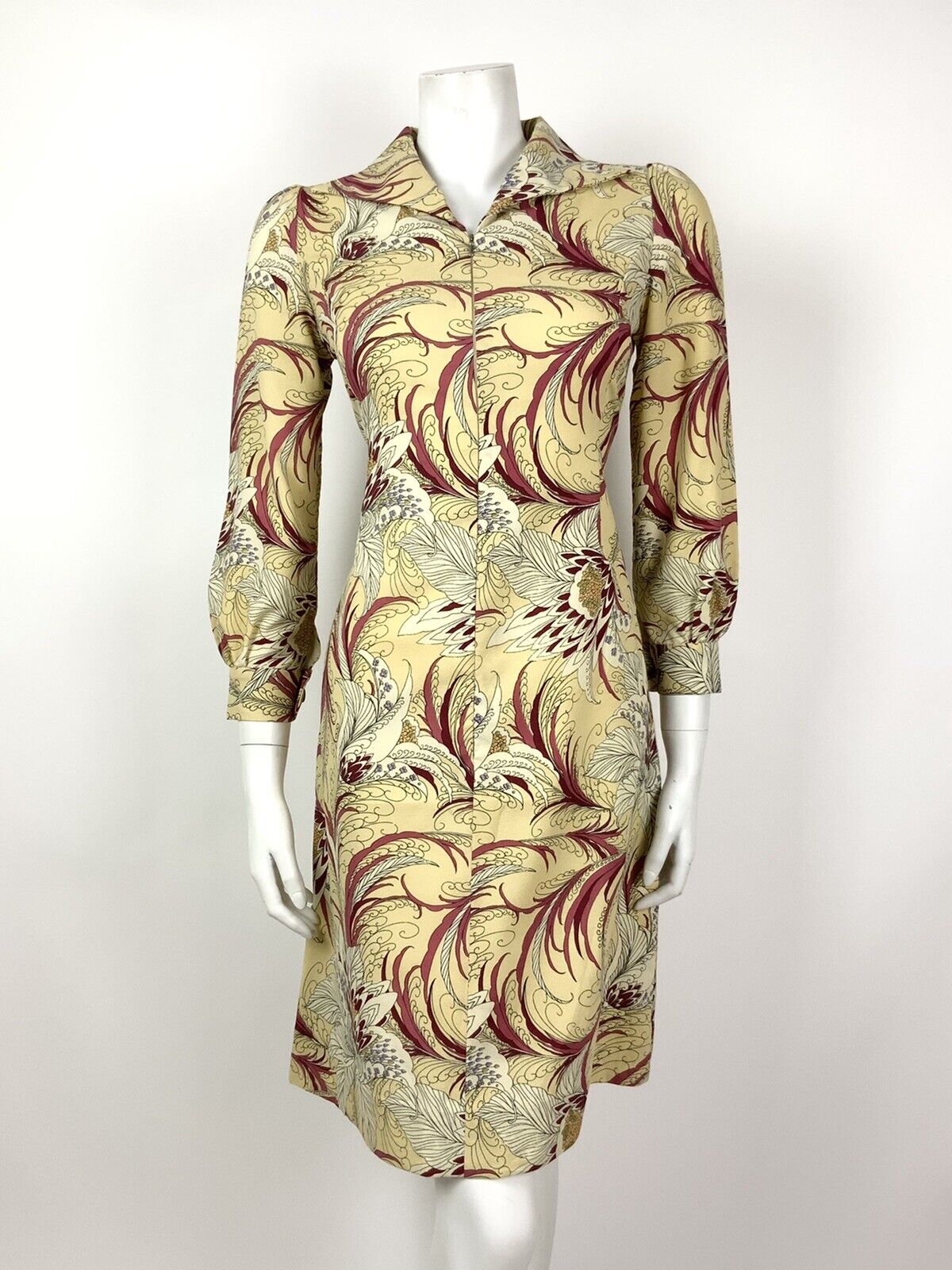 VINTAGE 60s 70s CREAM RED WHITE FLORAL FEATHER SWIRL SHIRT DRESS 8 10