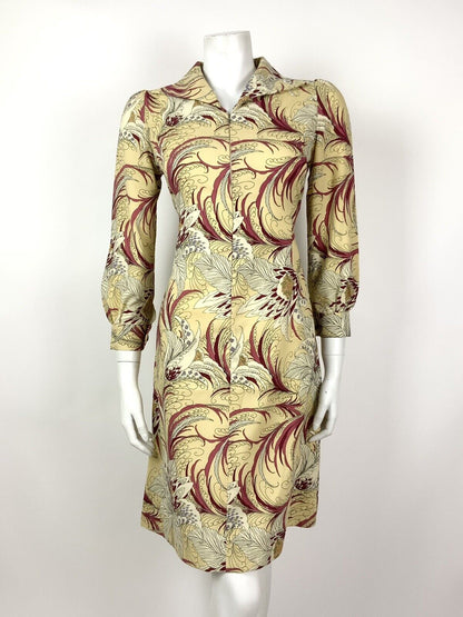 VINTAGE 60s 70s CREAM RED WHITE FLORAL FEATHER SWIRL SHIRT DRESS 8 10