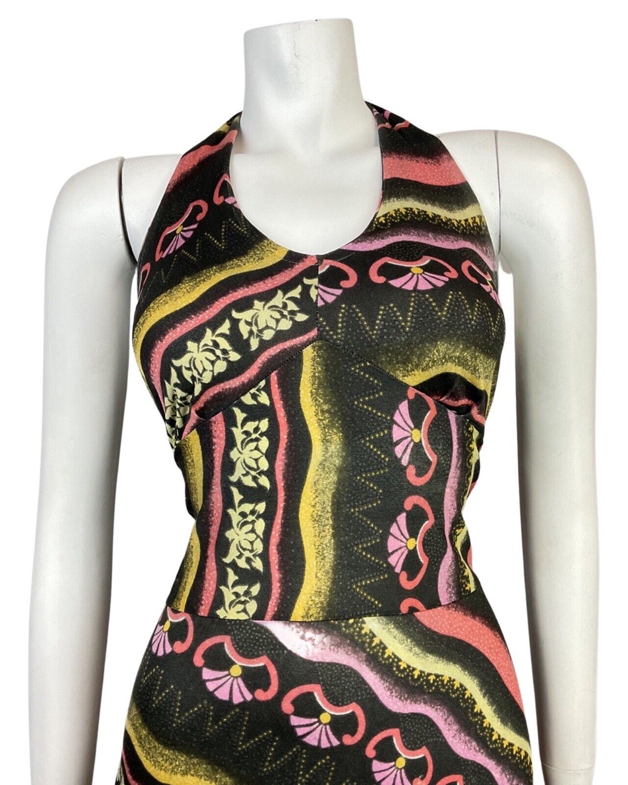 VINTAGE 60s 70s BLACK PINK YELLOW STRIPED FLORAL HALTER DRESS 8 10