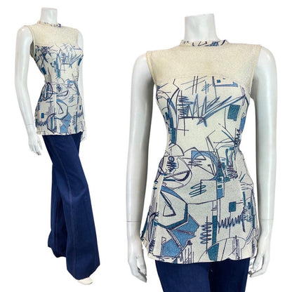 VINTAGE 60s 70s WHITE SILVER BLUE GEOMETRIC MOD LUREX SLEEVELESS TUNIC TOP 8 10