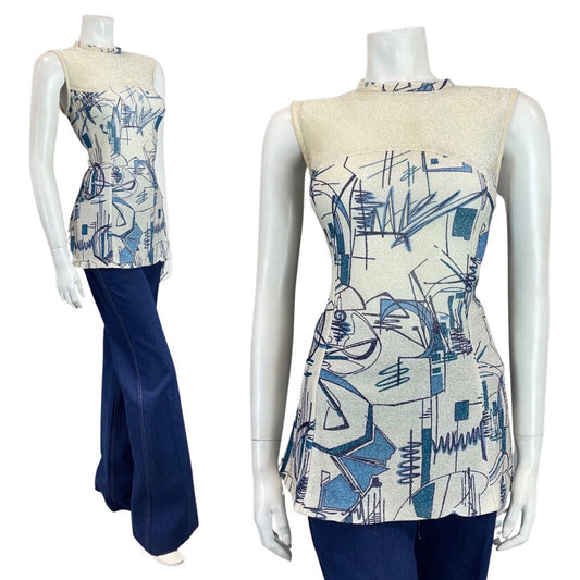 VINTAGE 60s 70s WHITE SILVER BLUE GEOMETRIC MOD LUREX SLEEVELESS TUNIC TOP 8 10