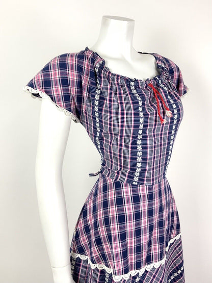 VTG 60s 70s BLUE PINK WHITE TARTAN PLAID FLORAL EMBROIDERED LACE PRAIRIE DRESS 8