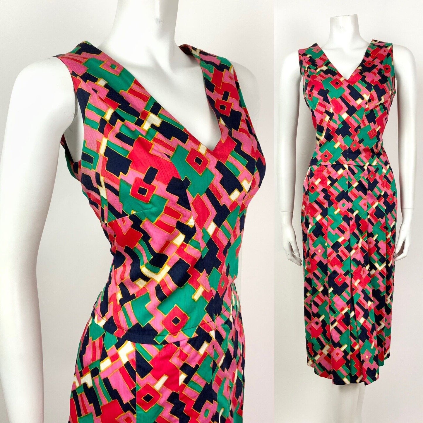 VTG 60s 70s PINK BLUE GREEN GOLD GEOMETRIC PSYCHEDELIC SLEEVELESS DRESS 12 14