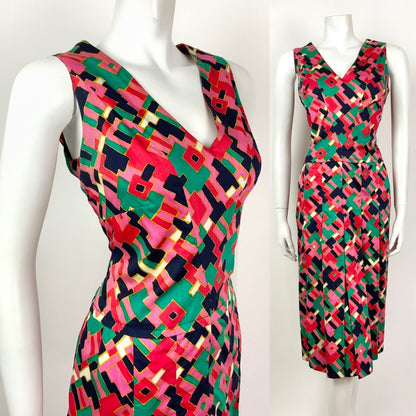 VTG 60s 70s PINK BLUE GREEN GOLD GEOMETRIC PSYCHEDELIC SLEEVELESS DRESS 12 14