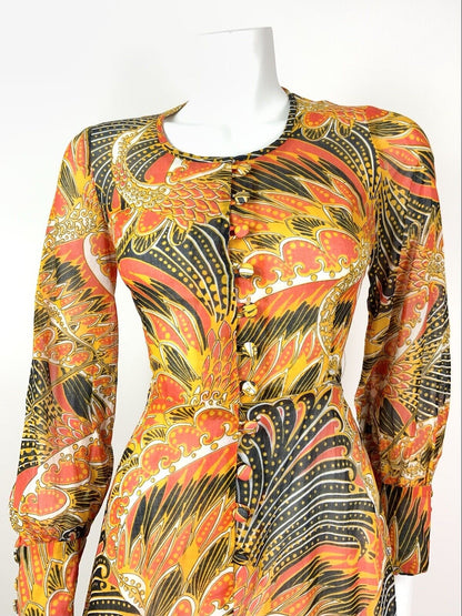 VTG 60s 70s ORANGE YELLOW BLACK FEATHER PSYCHEDELIC CARNIVAL SHEER DRESS 8 10