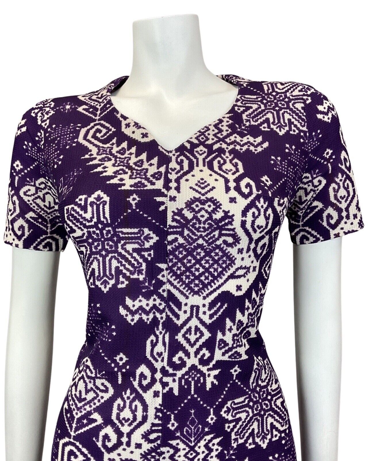 VINTAGE 60s 70s VIOLET PURPLE WHITE AZTEC GEOMETRIC MOD SHORT DRESS 10 12