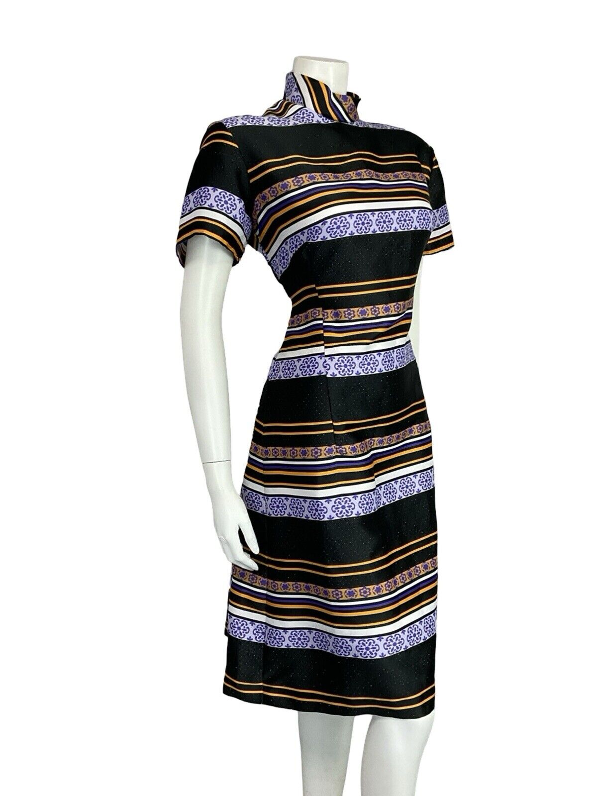 VTG 60S BLACK PURPLE YELLOW MOG GOGO FUNNEL NECK FLORAL STRIPED PARTY DRESS 16