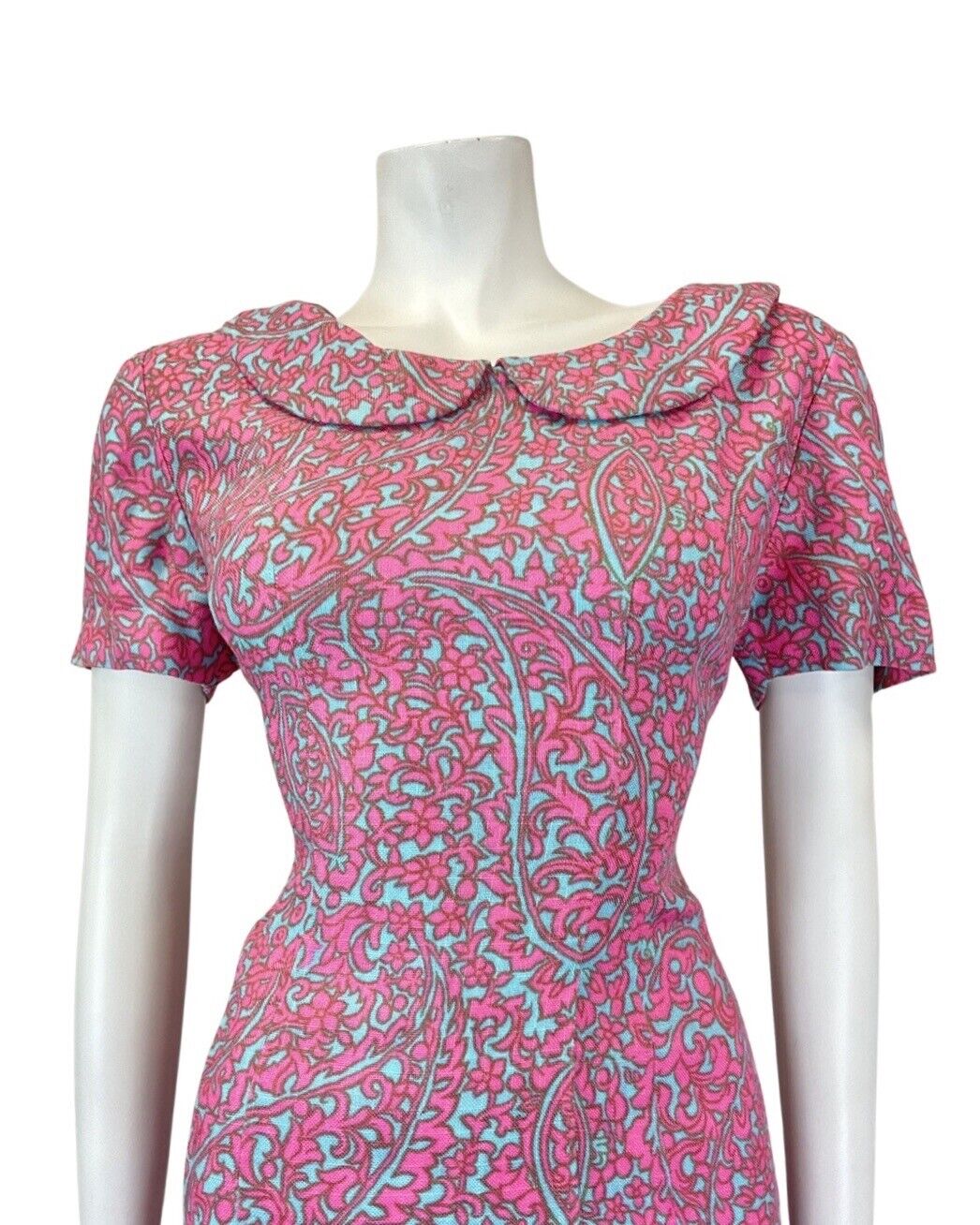 VINTAGE 60s 70s PINK BLUE PSYCHEDELIC ACANTHUS FLORAL PETER PAN COLLAR DRESS 10