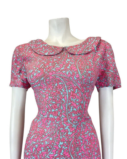 VINTAGE 60s 70s PINK BLUE PSYCHEDELIC ACANTHUS FLORAL PETER PAN COLLAR DRESS 10