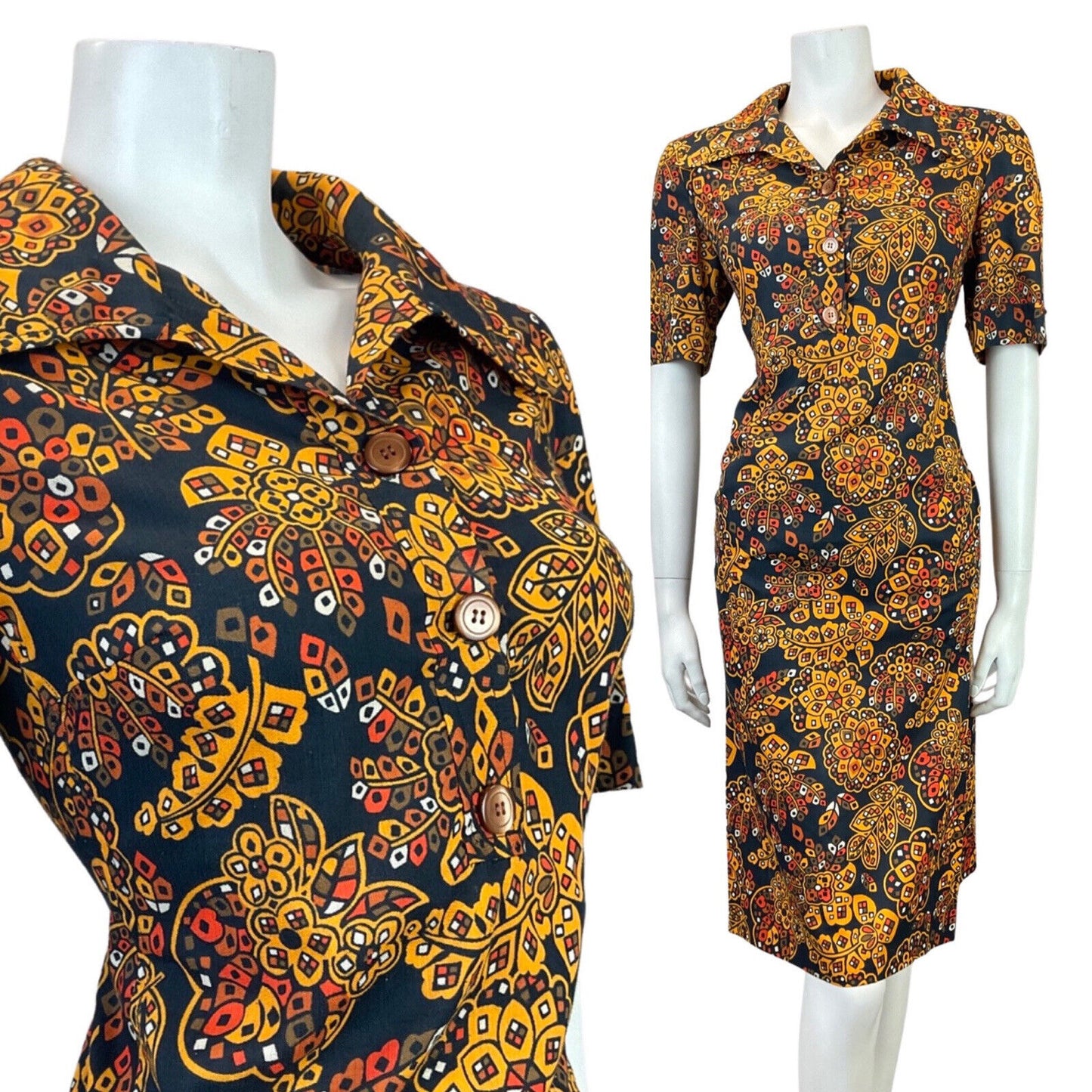 VINTAGE 60s 70s BLACK YELLOW ORANGE PSYCHEDELIC GEOMETRIC FLORAL SHIRT DRESS 16