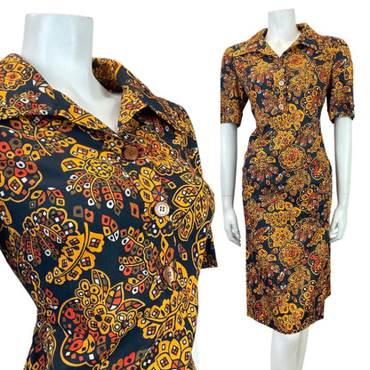VINTAGE 60s 70s BLACK YELLOW ORANGE PSYCHEDELIC GEOMETRIC FLORAL SHIRT DRESS 16