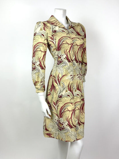 VINTAGE 60s 70s CREAM RED WHITE FLORAL FEATHER SWIRL SHIRT DRESS 8 10