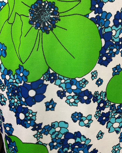 VINTAGE 60s 70s GREEN BLUE WHITE FLORAL MOD SUMMER SLEEVELESS DRESS 10
