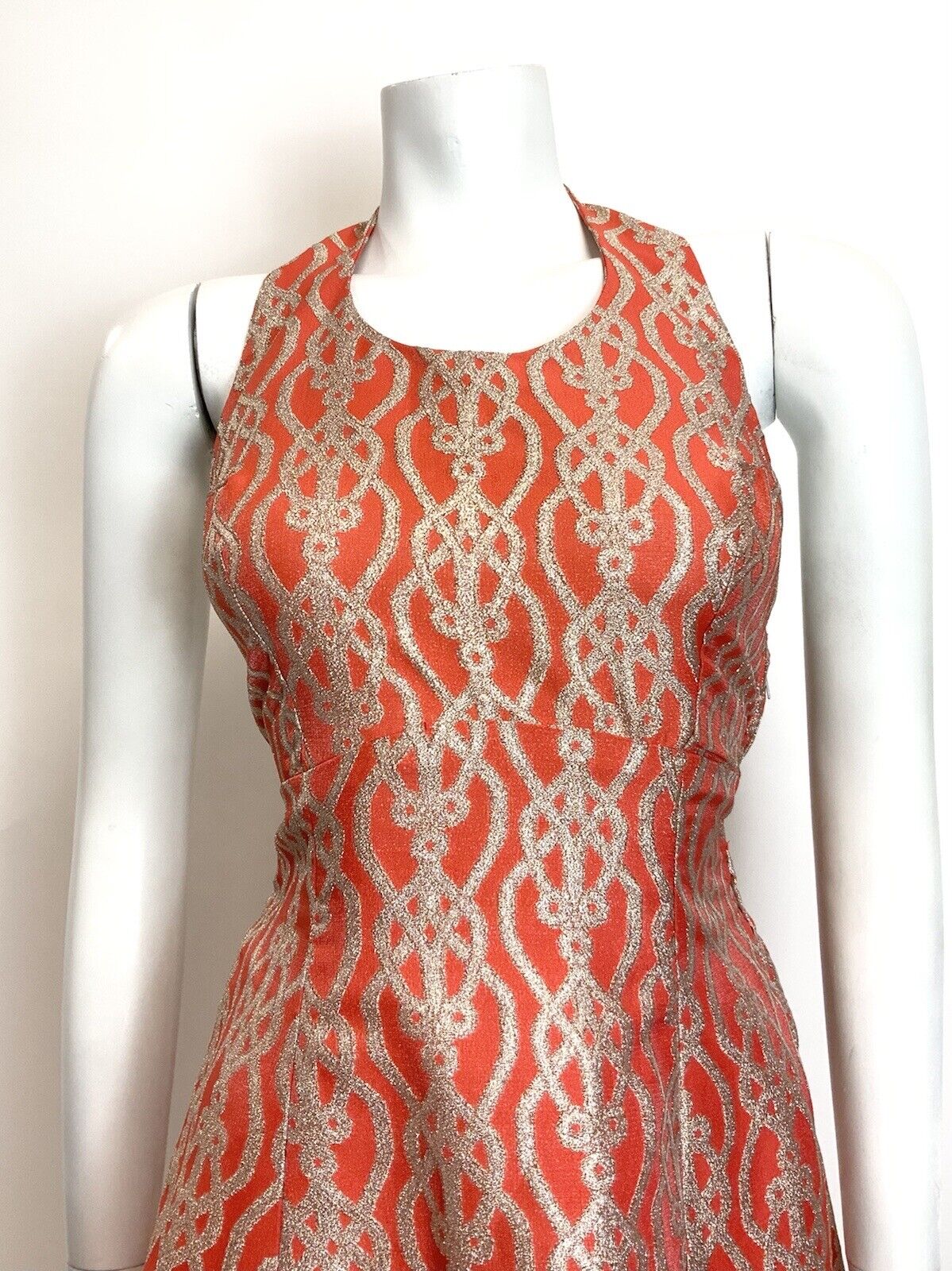 VINTAGE 60s 70s ORANGE GOLD PSYCHEDELIC TRELLIS DISCO STUDIO 54 HALTER DRESS 8