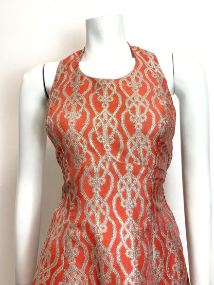 VINTAGE 60s 70s ORANGE GOLD PSYCHEDELIC TRELLIS DISCO STUDIO 54 HALTER DRESS 8