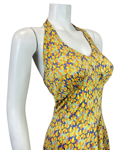 VINTAGE 60s YELLOW BLUE FLORAL DOTTY PSYCHEDELIC MOD HALTER SWING DRESS 10