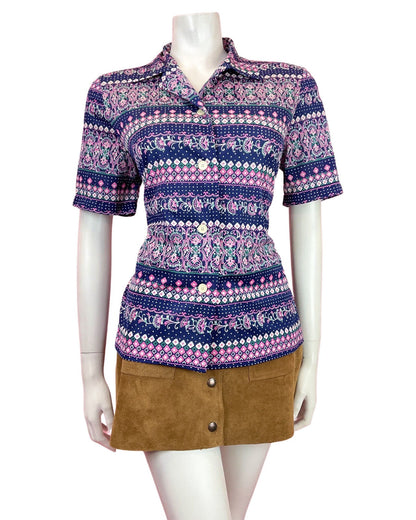 VINTAGE 60s 70s BLUE PINK WHITE PSYCHEDELIC DOTTY FLORAL BLOUSE TOP 12 14