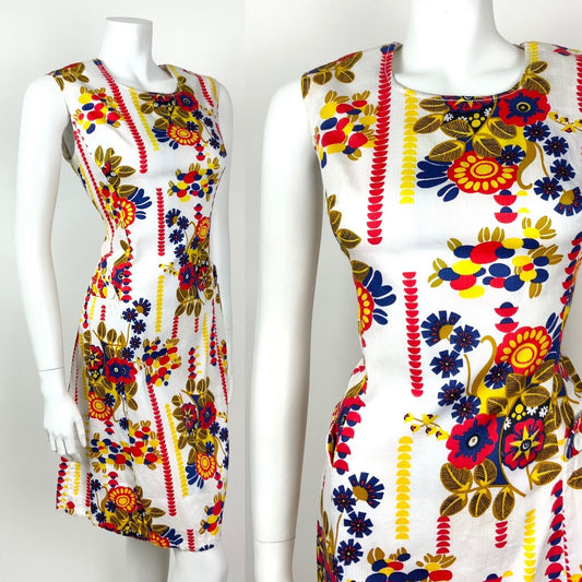 VINTAGE 60s 70s WHITE RED BLUE YELLOW GOLD FLORAL GEOMETRIC MOD DRESS 10 12