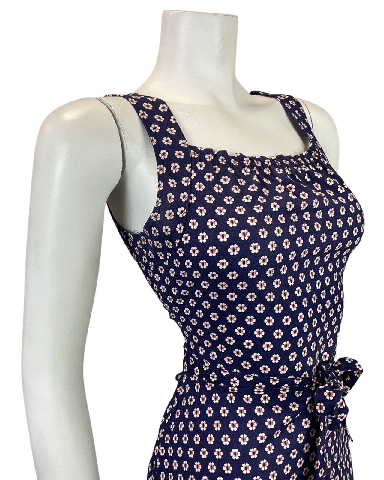 VINTAGE 60s 70s BLUE WHITE RED POLKA-DOT DAISY FLOWER STRAPPY SUN DRESS 8
