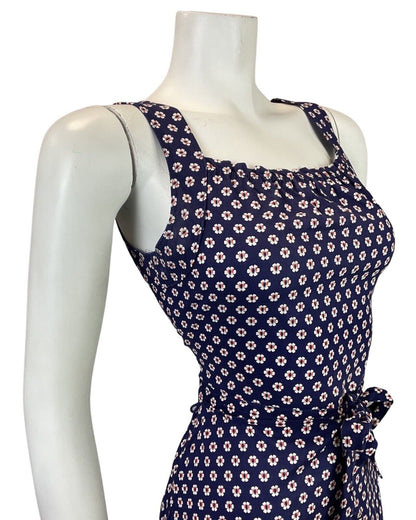 VINTAGE 60s 70s BLUE WHITE RED POLKA-DOT DAISY FLOWER STRAPPY SUN DRESS 8