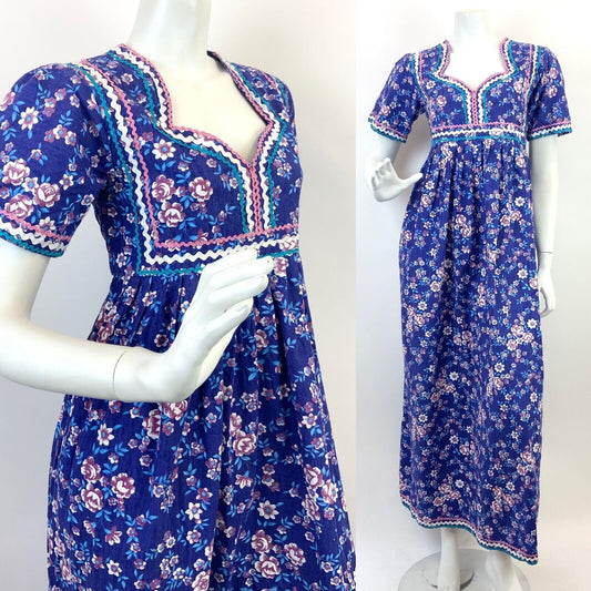 VTG 60s 70s PURPLE BLUE PINK WHITE RICRAC FLORAL PRAIRIE BOHO FOLK MAXI DRESS 10