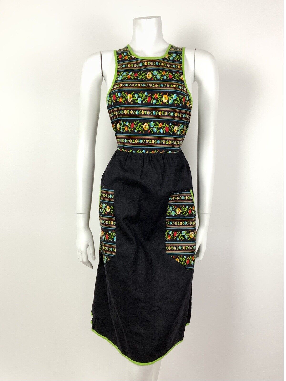 VINTAGE 60s 70s BLACK GREEN RED FLORAL GYPSY STRIPED SLEEVELESS DRESS 8