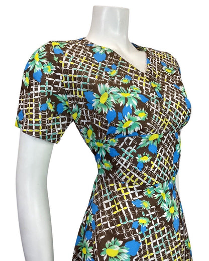 VINTAGE 60s 70s BROWN BLUE WHITE GRID CHECKED FLORAL MOD SWING DRESS 10 12